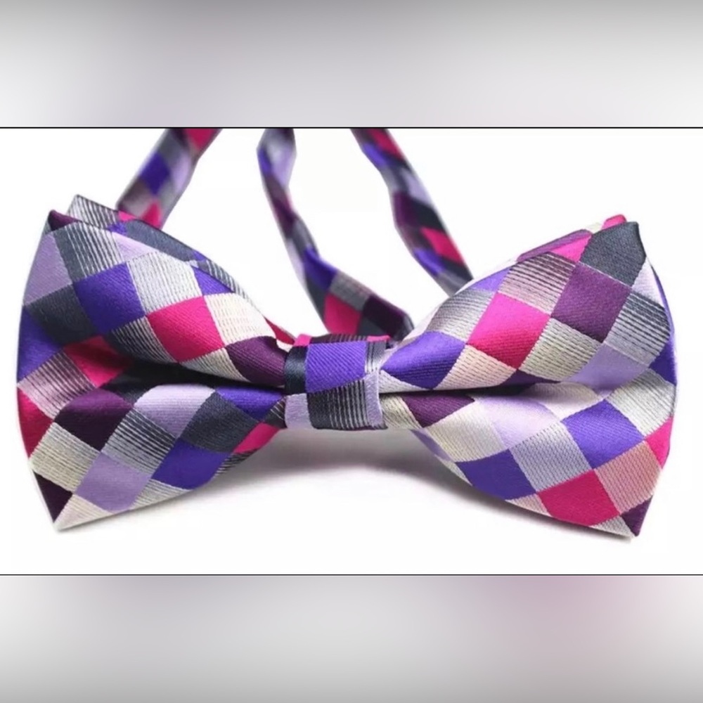 Mens Bowtie Pink Purple Silver Checkered Bow Tie